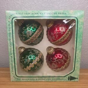 Vintage Christmas by Krebs Glass Ornaments Set Of 4 Red Green Hand Decorated